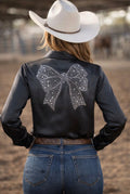 Midnight Glam Bow Button Up Rodeo Shirt -Matte Satin Blouse *Sample Sale*