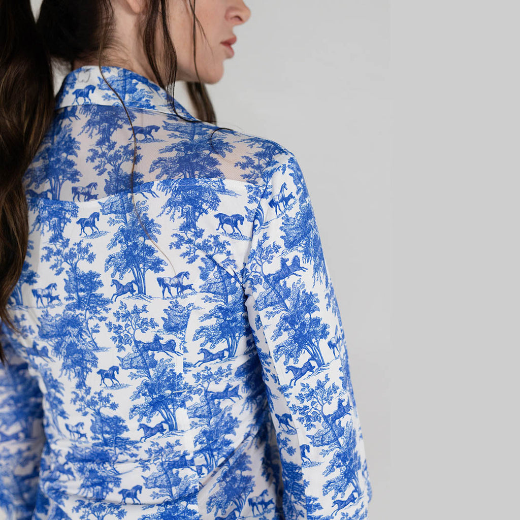 Dapplebay Equestrian Toile Button Down Western Shirt-Blue/White