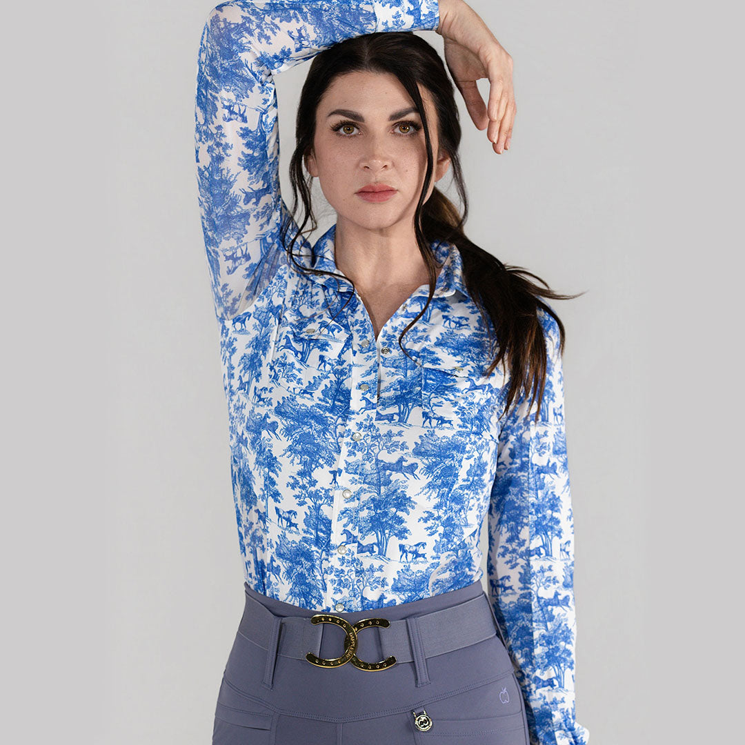 Dapplebay Equestrian Toile Button Down Western Shirt-Blue/White