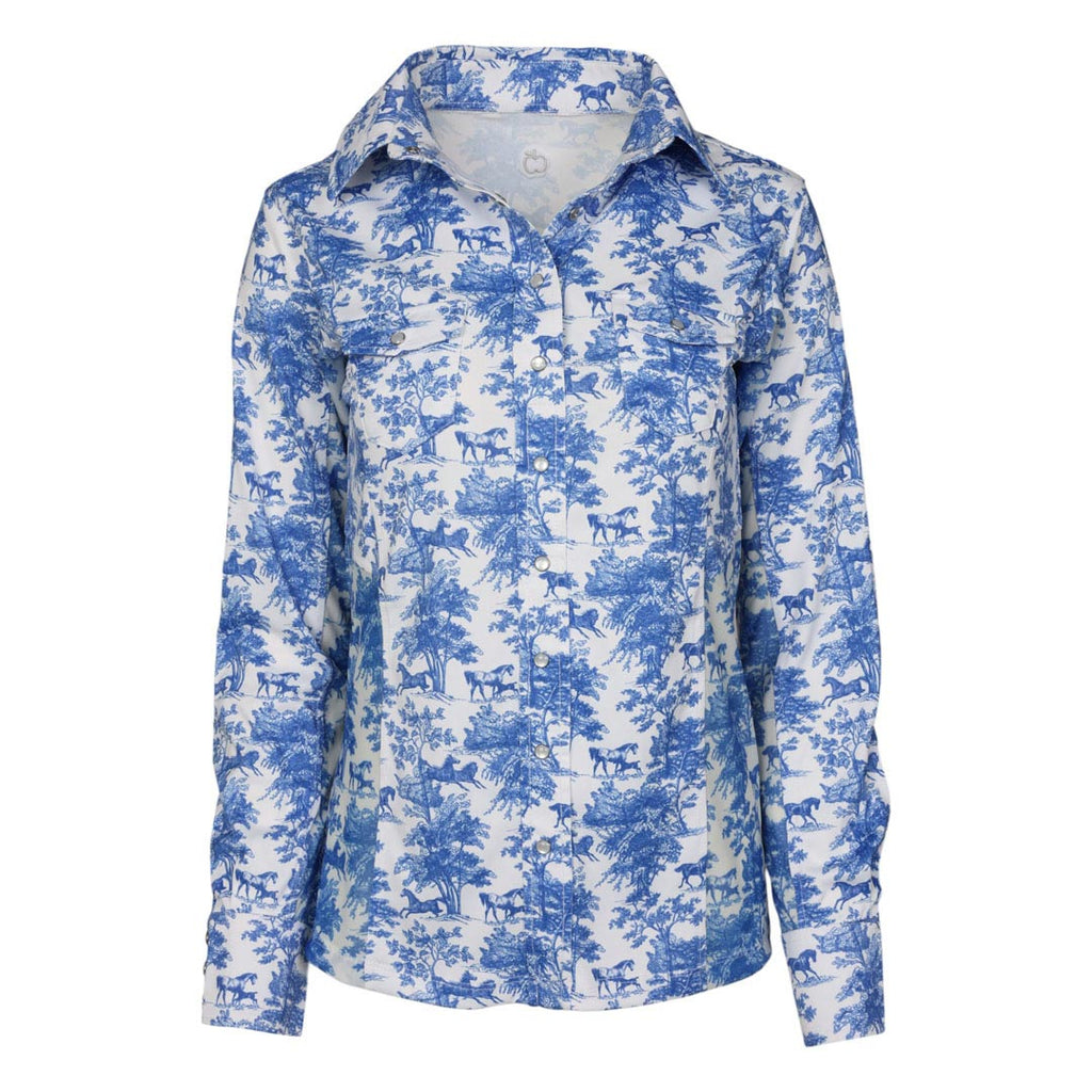 Dapplebay Equestrian Toile Button Down Western Shirt-Blue/White