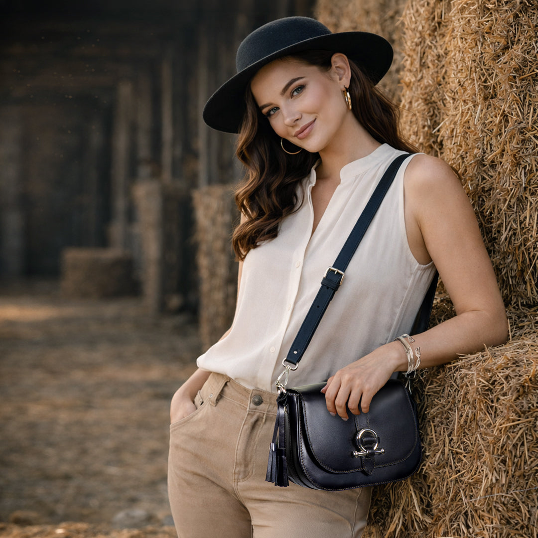 Del Rey - Equestrian Horse Bit Crossbody Luxury Leather Handbag in Black
