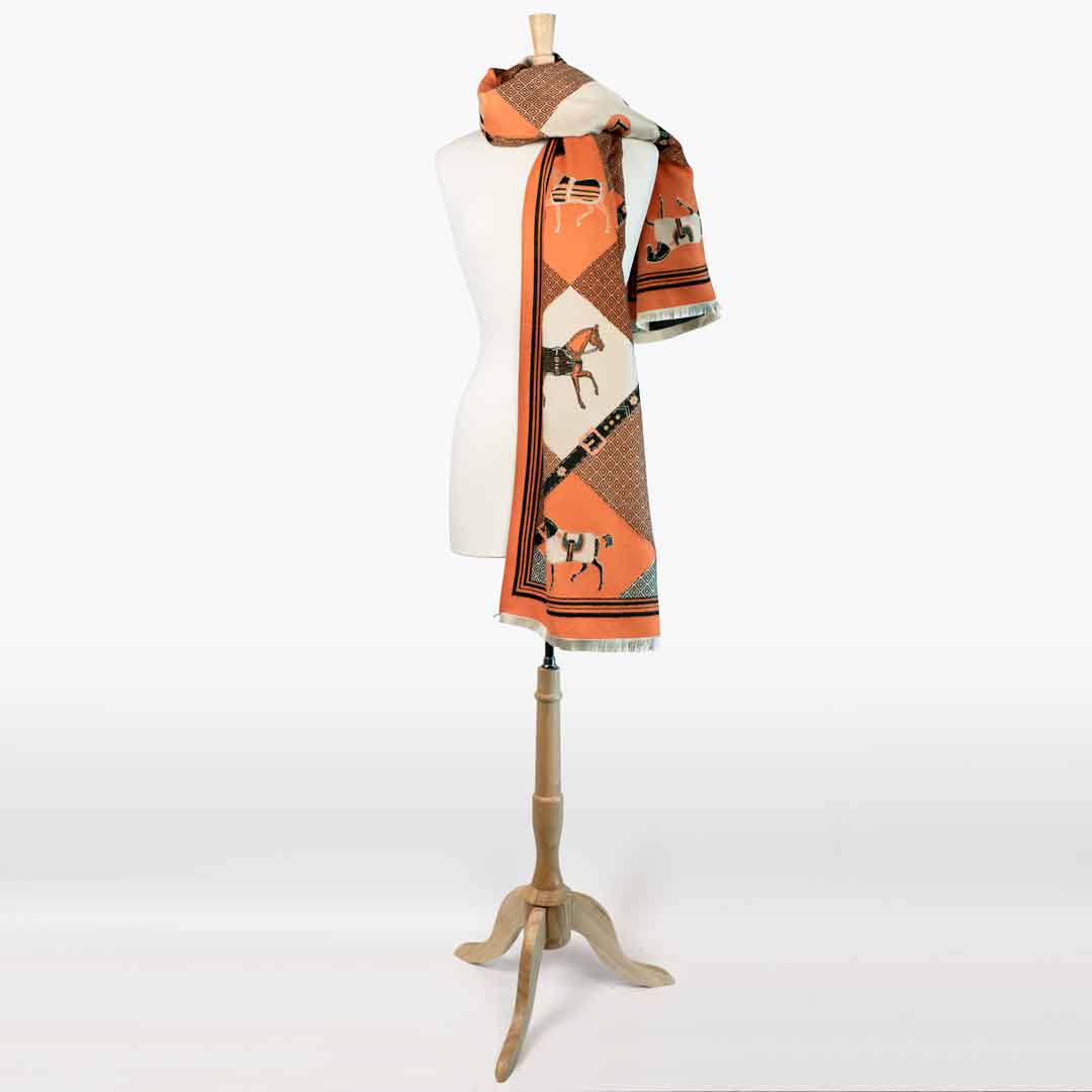 Della -  Tangerine Equestrian Motif Luxe Shawl