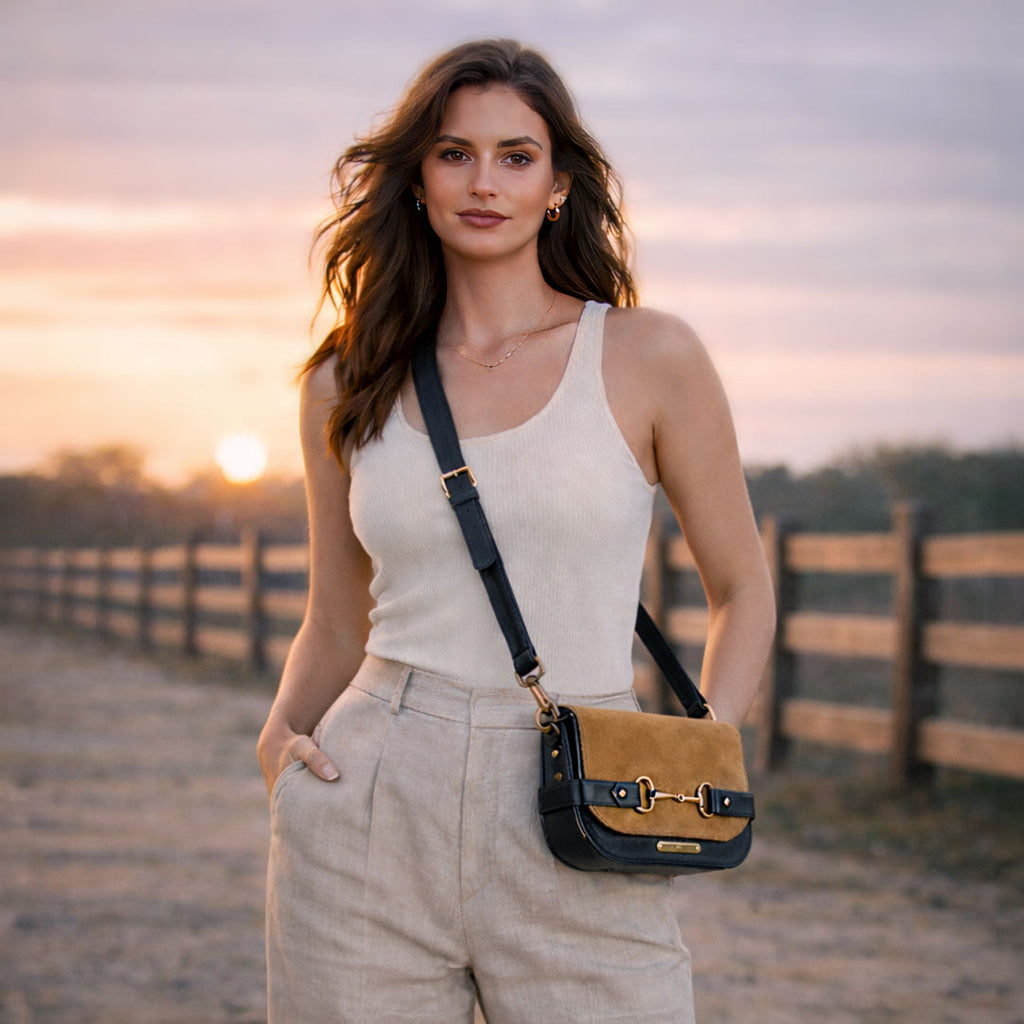 Saratoga- Horse Bit Crossbody Luxury Leather Handbag in Black on Chestnut
