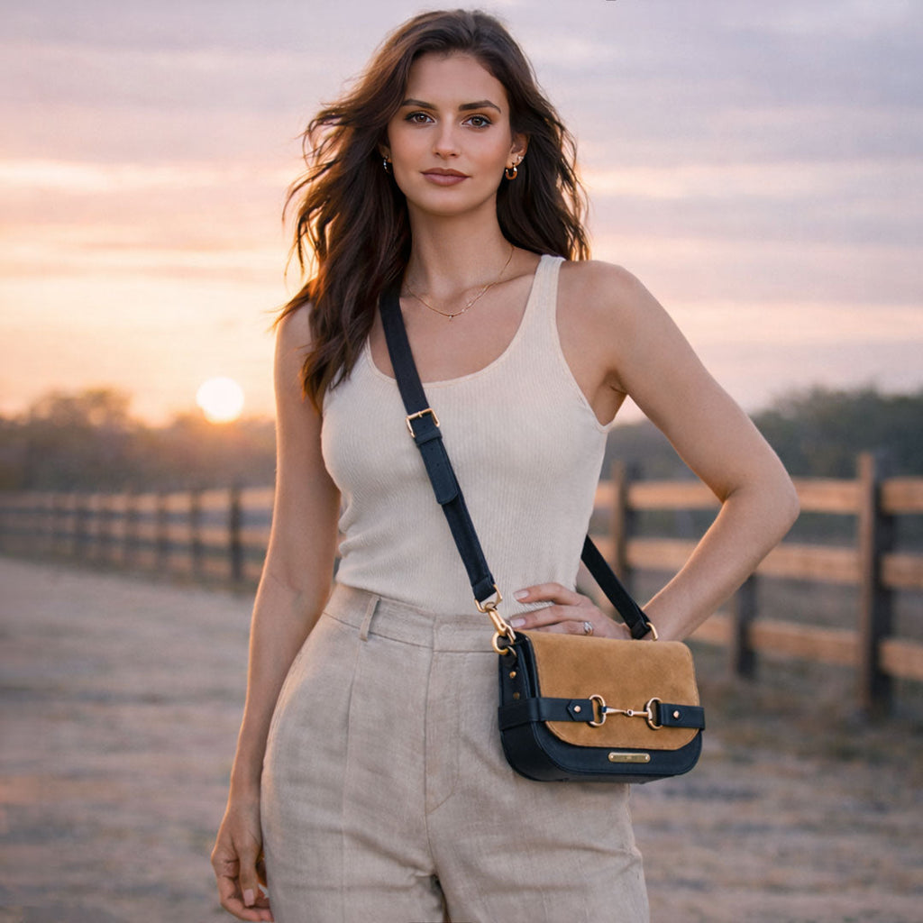 Saratoga- Horse Bit Crossbody Luxury Leather Handbag in Black on Chestnut