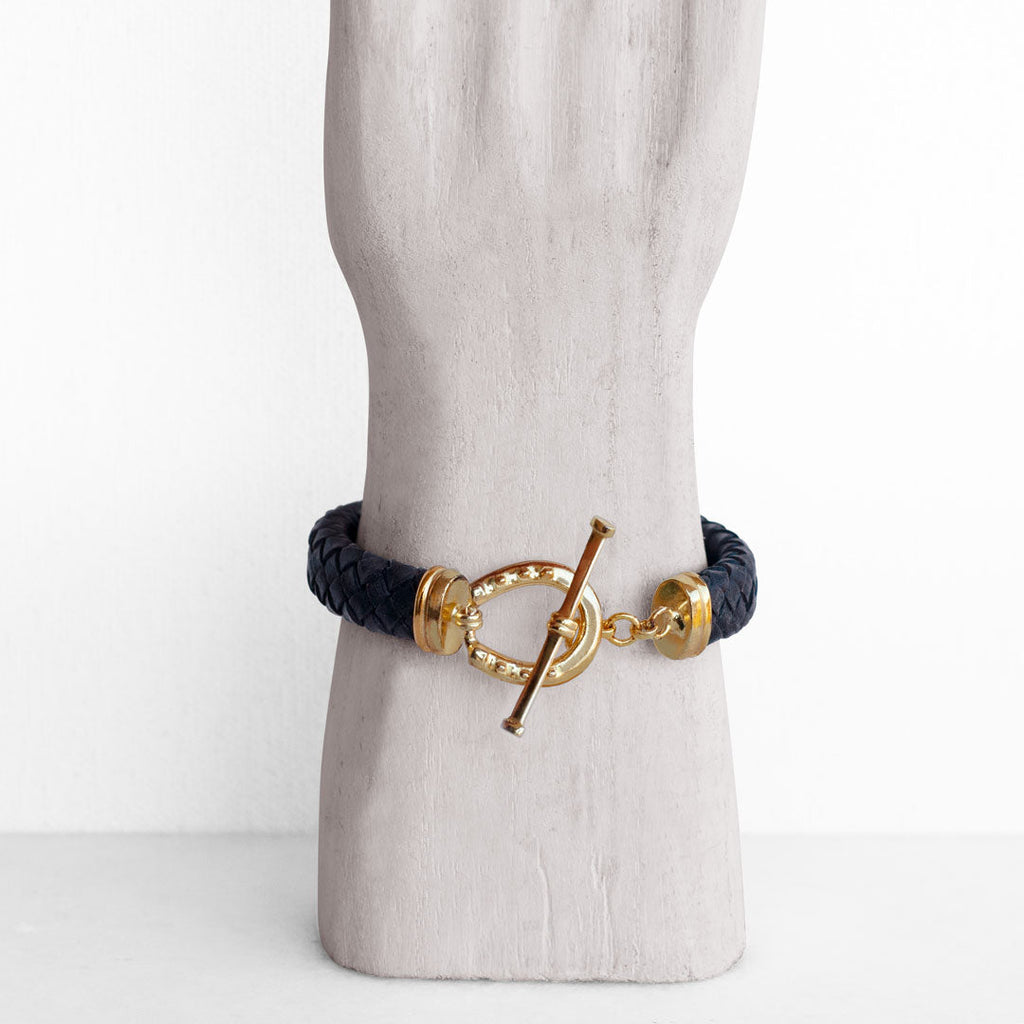 Aristo - 14K Gold Vermeil Black Leather Horseshoe Bracelet