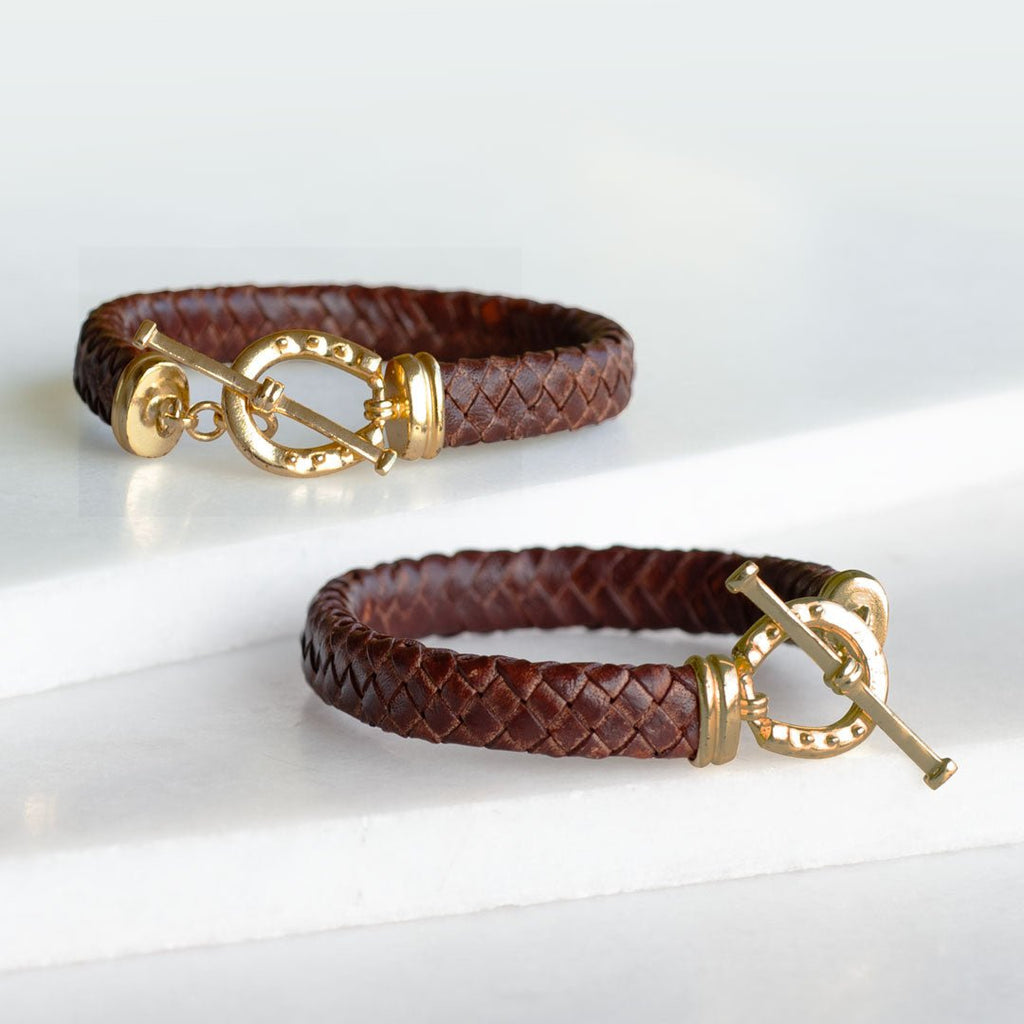 Aristo - 14K Gold Vermeil Brown Leather Horseshoe Bracelet