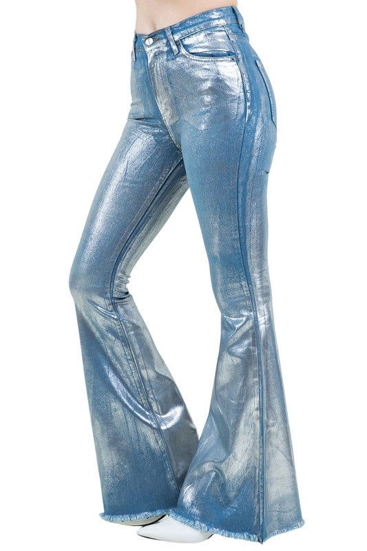 High Rise Metallic Blue Bell Bottom -33" Inseam