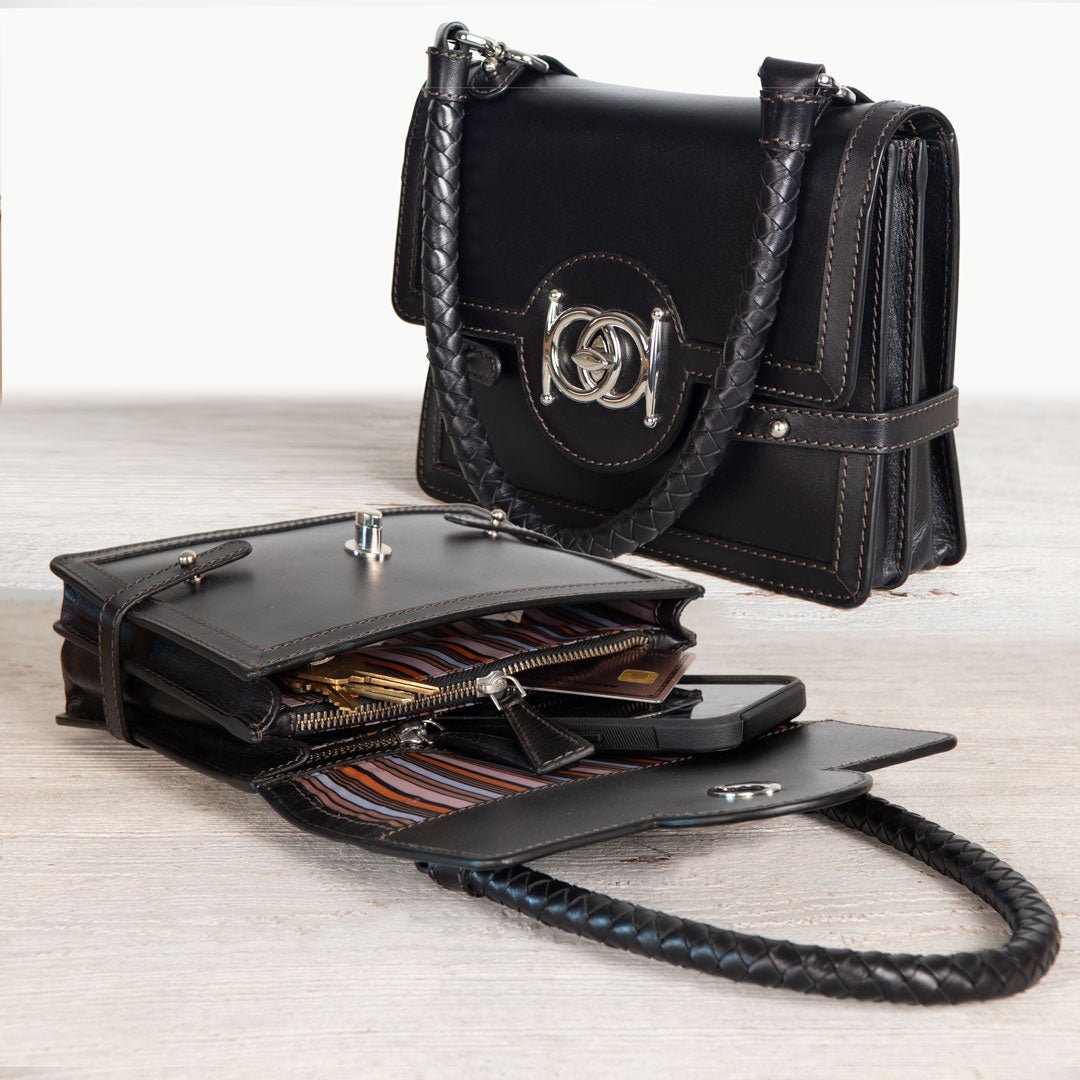 Bella -  Horse Bit Talisman Crossbody Luxury Leather Handbag in Black