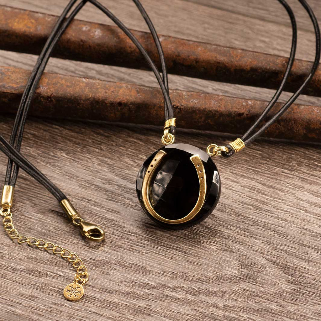 Black Onyx &  Leather 14K Gold Vermeil Horseshoe Necklace