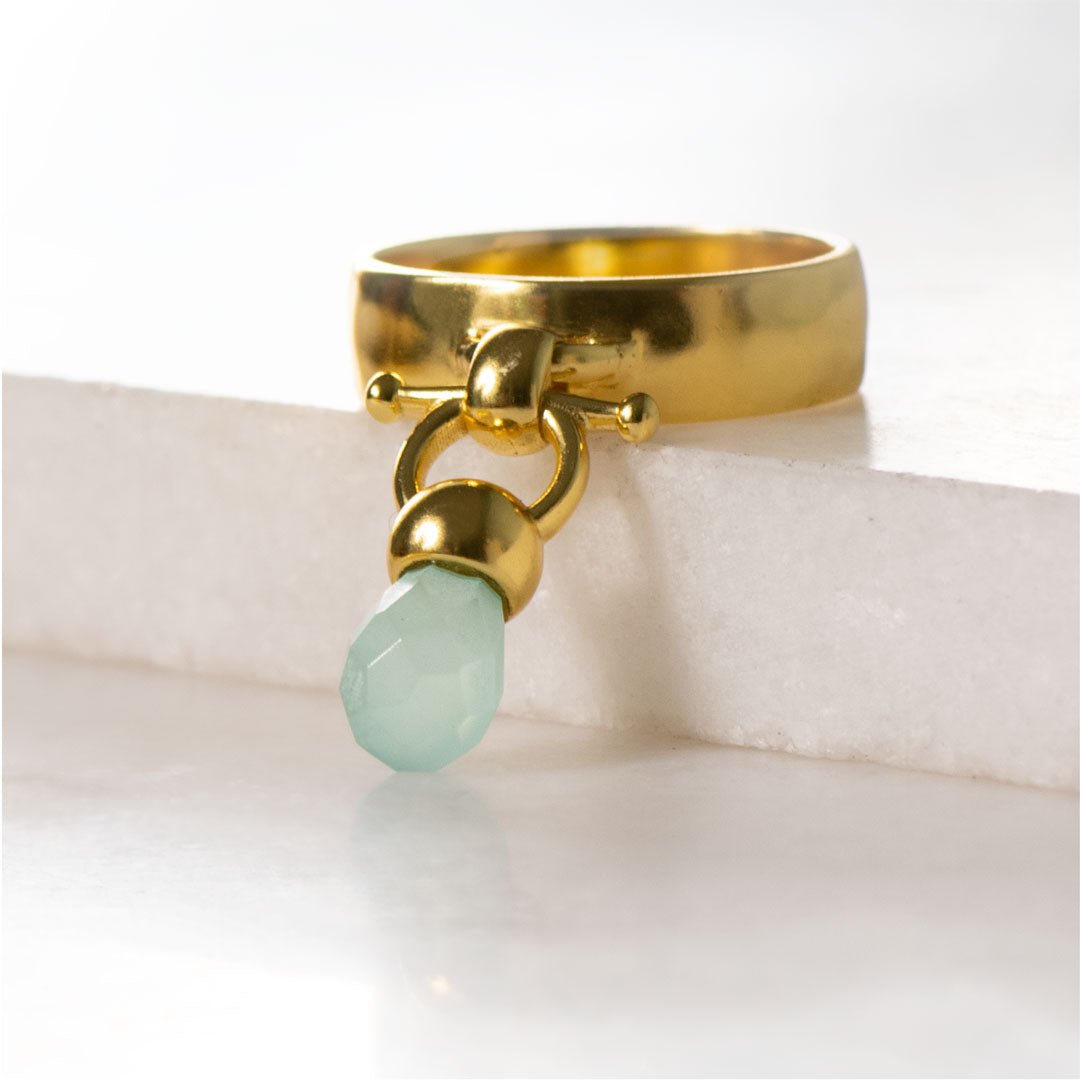 Brio - Aqua Chalcedony Horse Bit Equestrian Ring in Gold