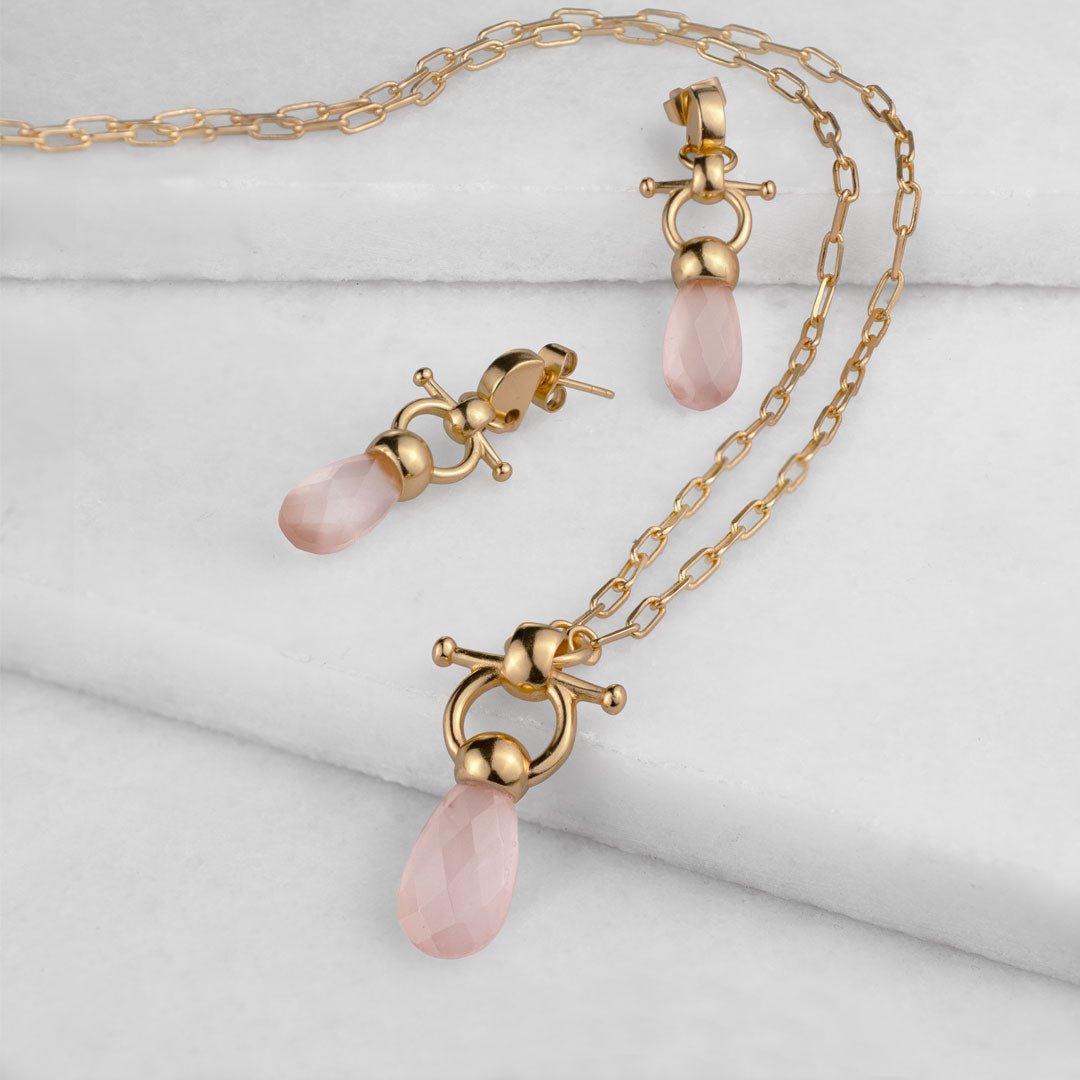 Briolette - Rose Quartz Horse Bit Cuff Bracelet in Gold