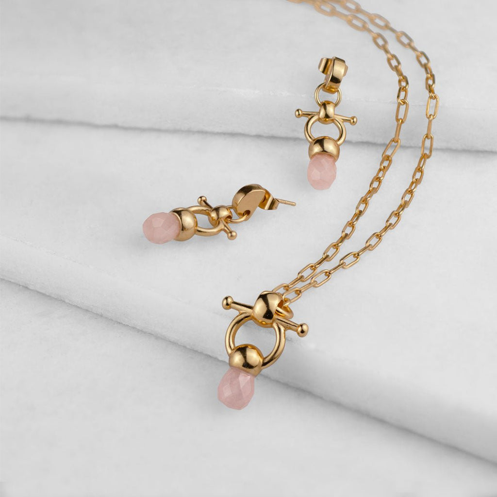 Briolette - Rose Quartz Horse Bit Equestrian Earring in Gold