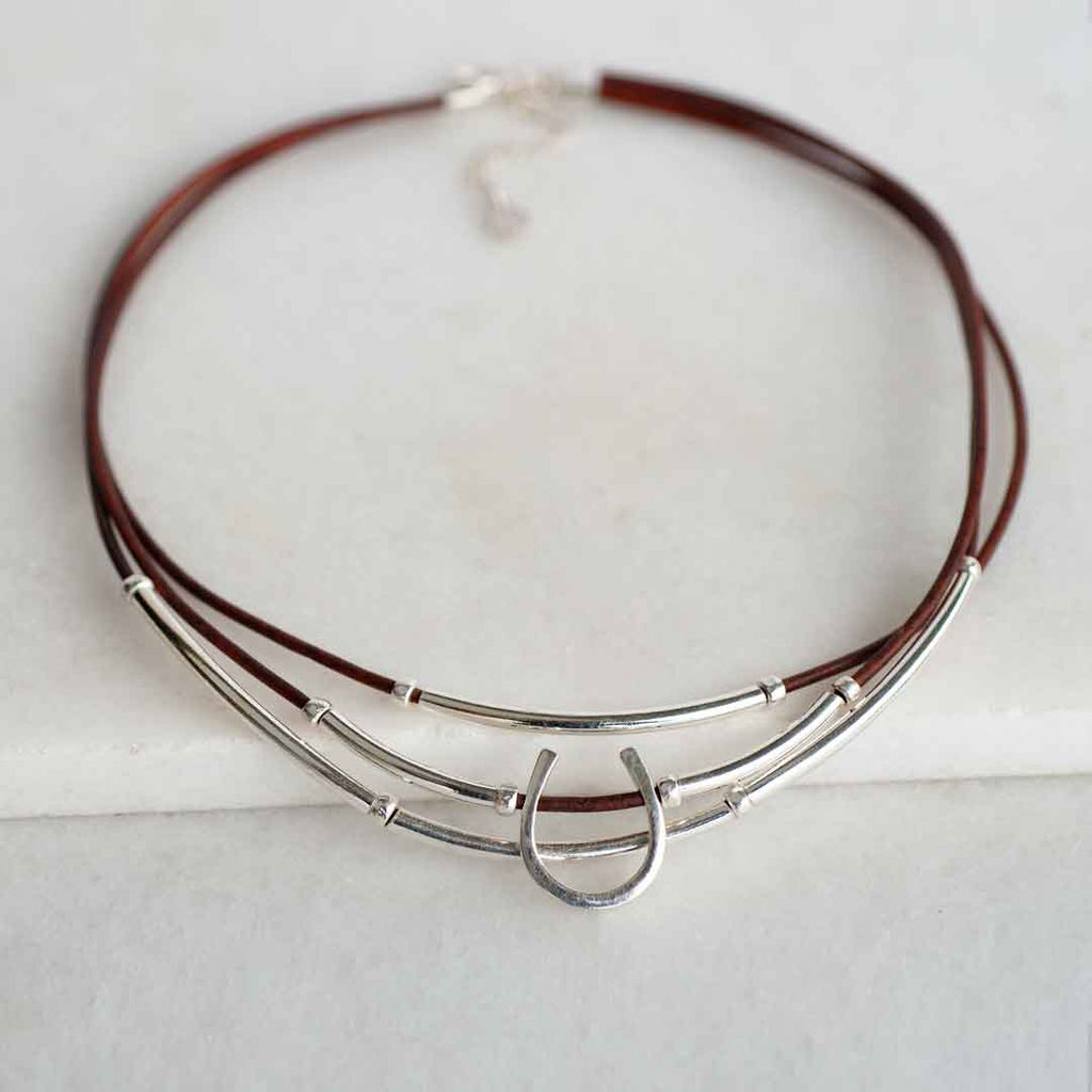 Calista - Equestrian Horseshoe Necklace on Brown Leather