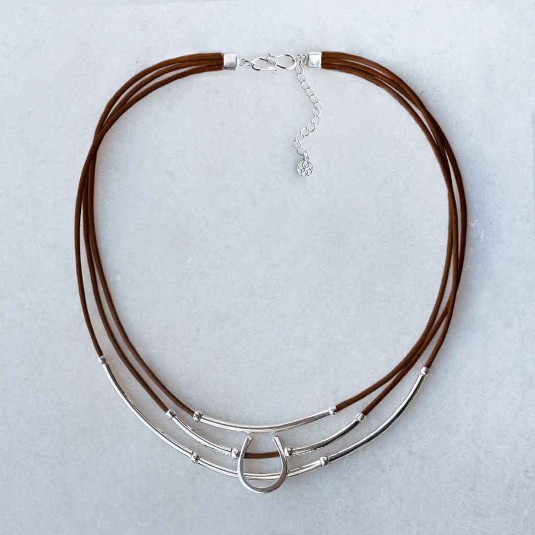 Calista - Equestrian Horseshoe Necklace on Brown Leather