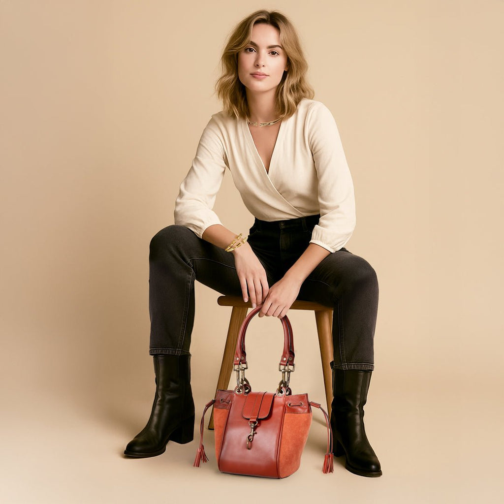 Cassidy - Luxury Leather Bucket Handbag in Cognac