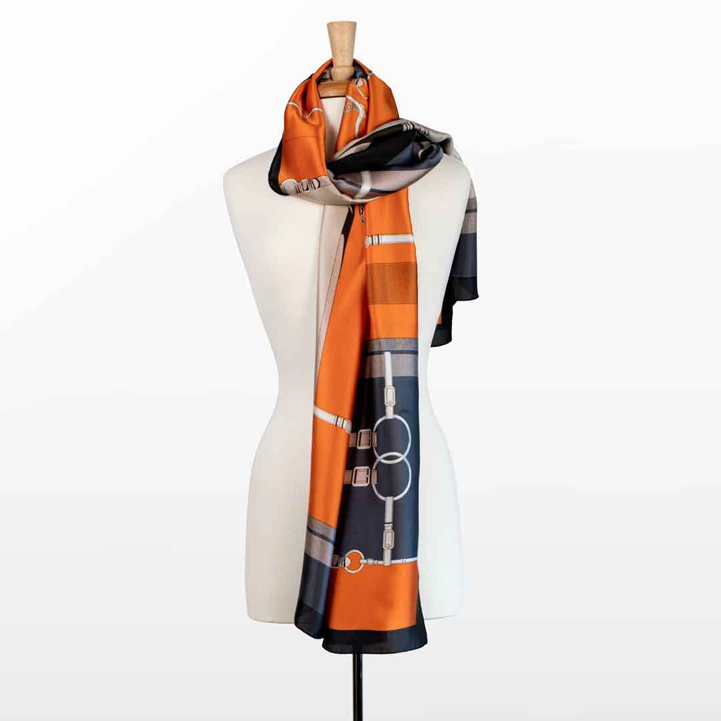 Celine - Stylized Equestrian Scarf in Tangerine and Deep Blue