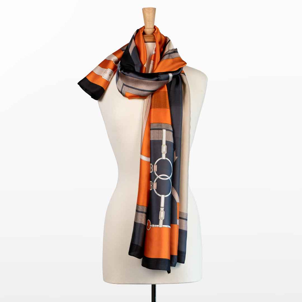 Celine - Stylized Equestrian Scarf in Tangerine and Deep Blue