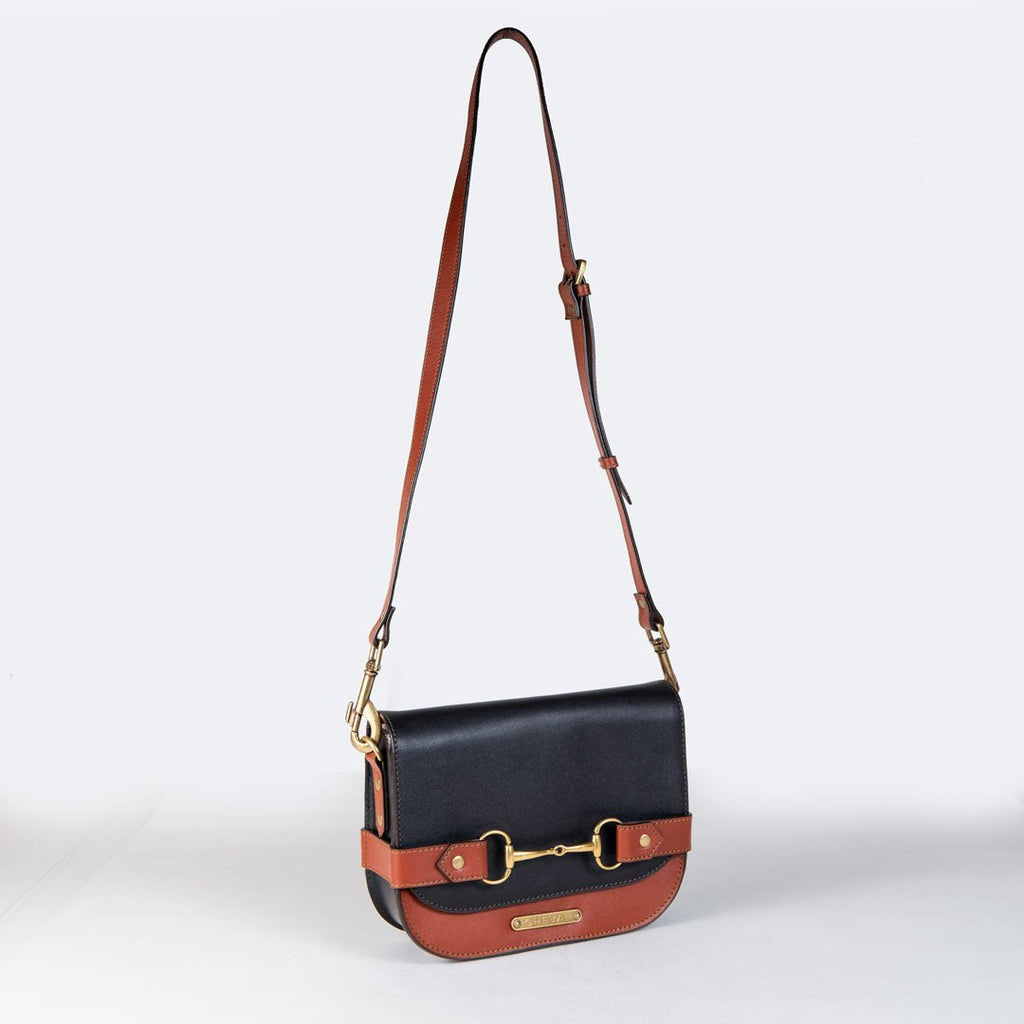 Saratoga- Horse Bit Crossbody Luxury Leather Handbag in Cognac on Black