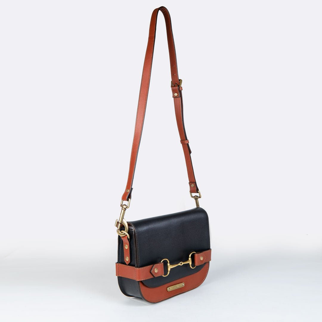 Saratoga- Horse Bit Crossbody Luxury Leather Handbag in Cognac on Black