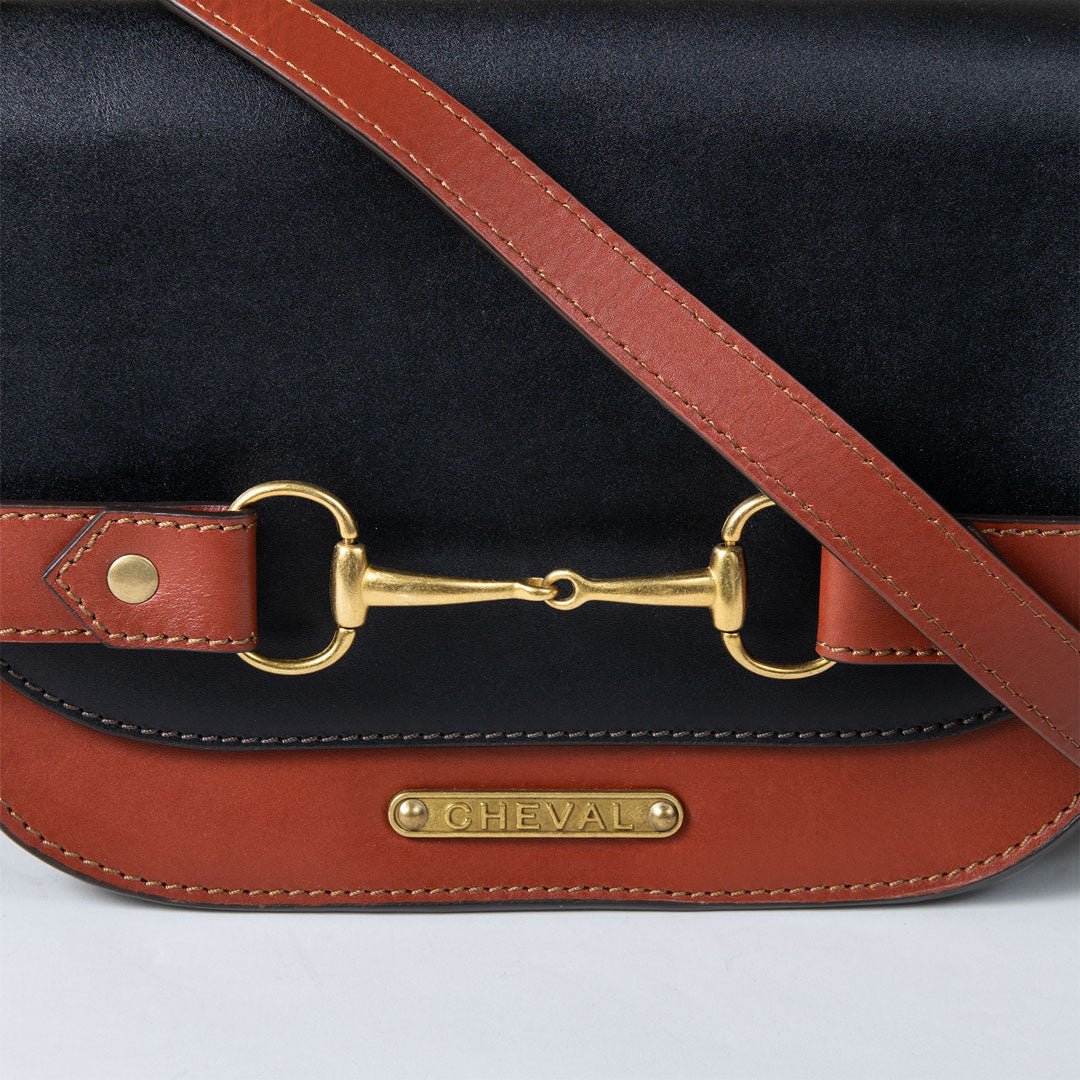 Saratoga- Horse Bit Crossbody Luxury Leather Handbag in Cognac on Black