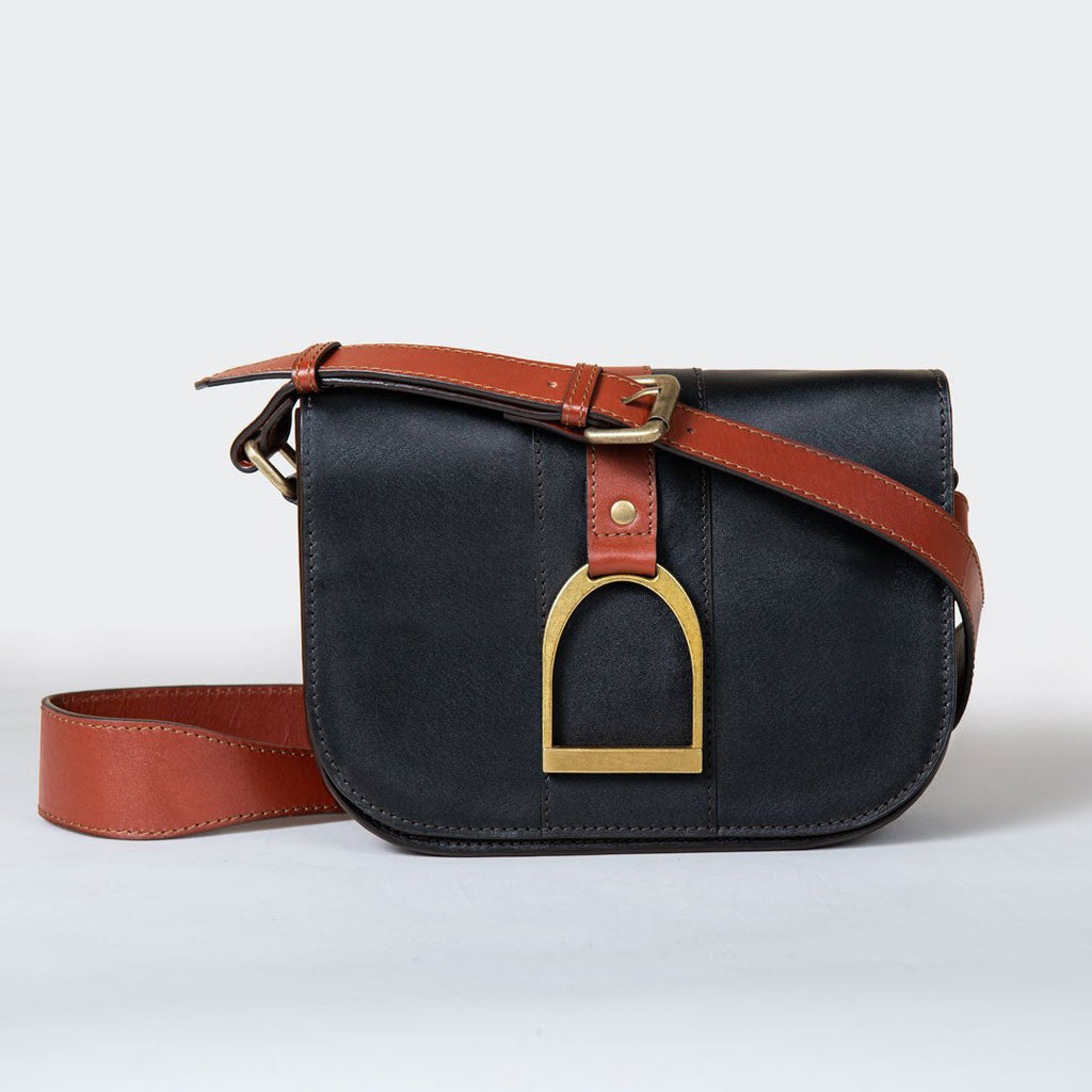 Signature Stirrup - Riding Stirrup Crossbody Luxury Leather Handbag in Cognac on Black