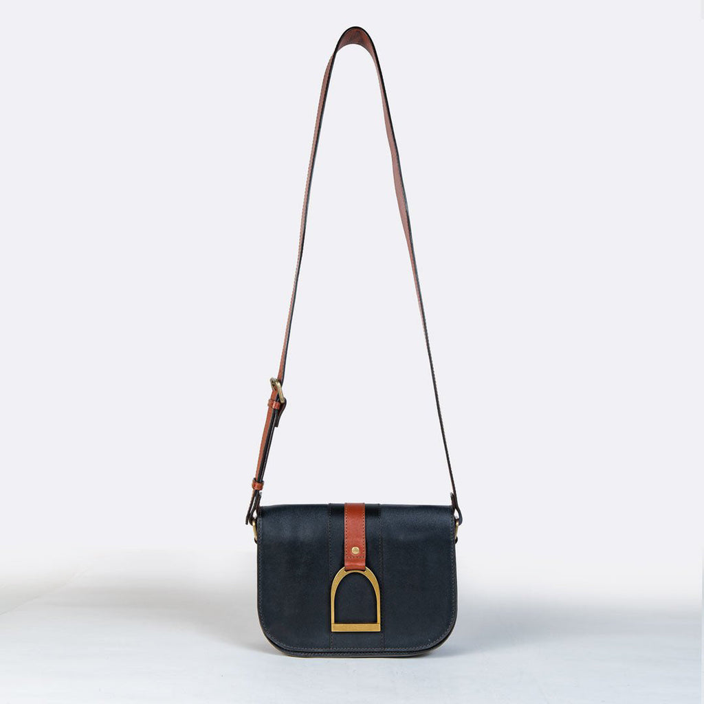 Signature Stirrup - Riding Stirrup Crossbody Luxury Leather Handbag in Cognac on Black