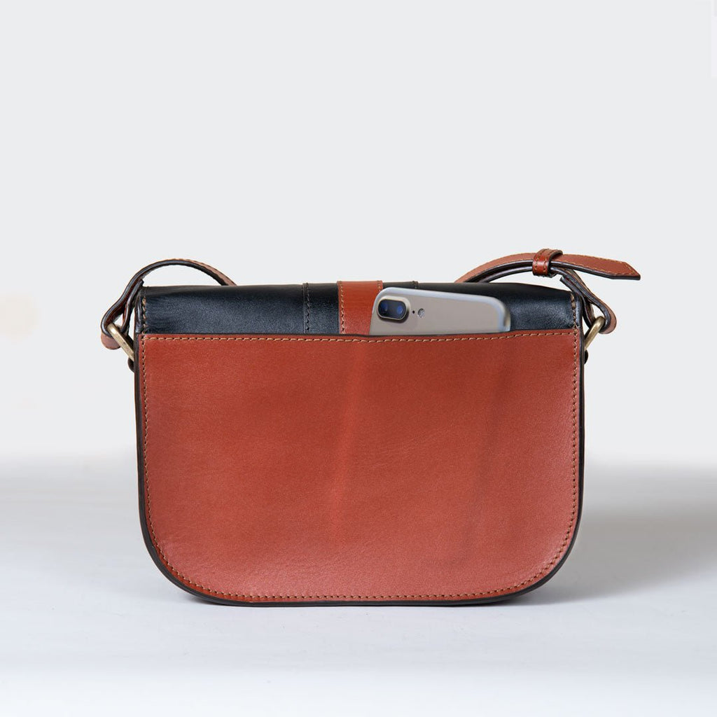 Signature Stirrup - Riding Stirrup Crossbody Luxury Leather Handbag in Cognac on Black