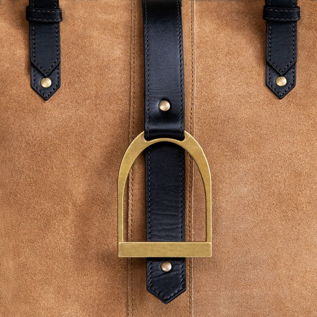 Signature - Riding Stirrup Tote Luxury Leather Handbag in Black on Chestnut