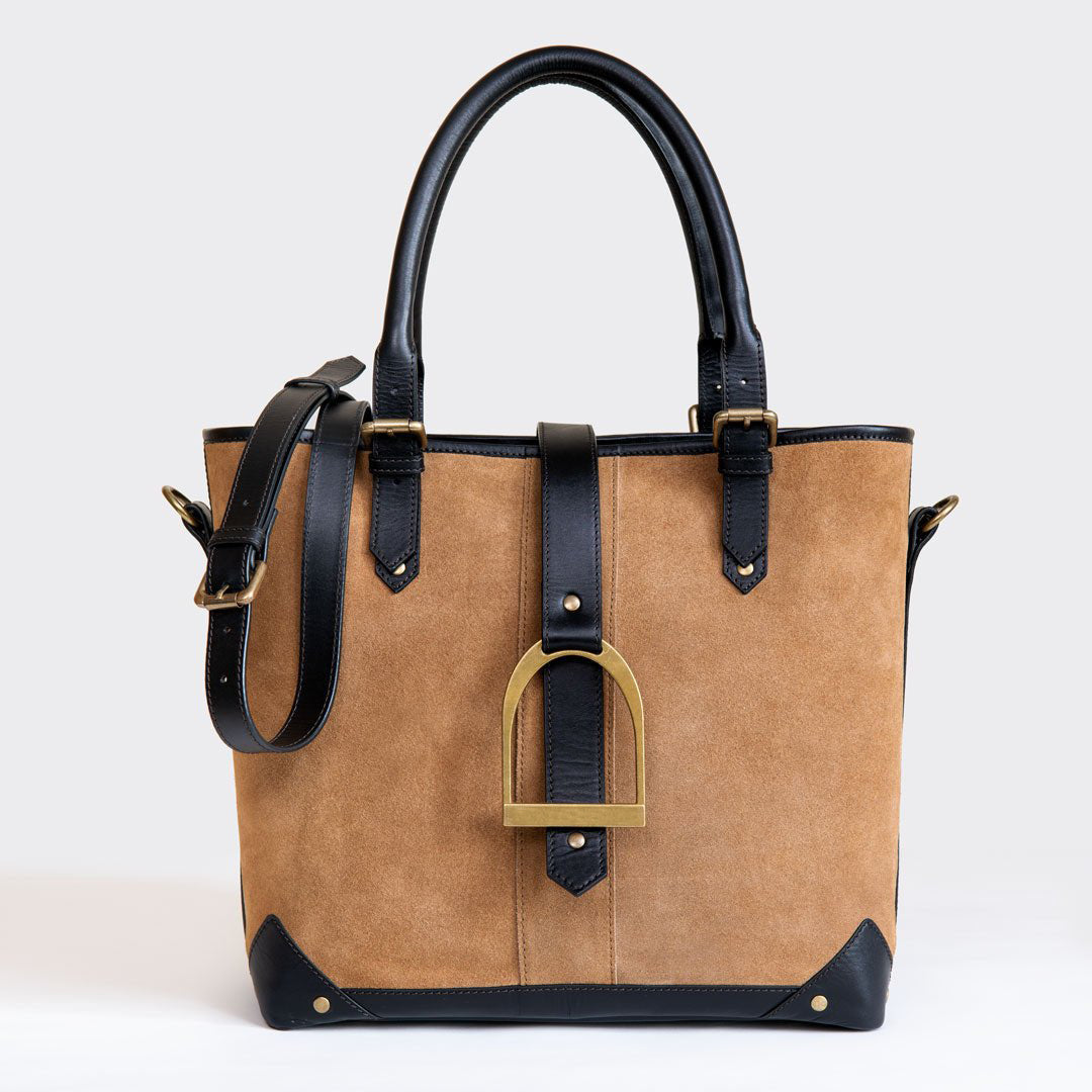 Signature - Riding Stirrup Tote Luxury Leather Handbag in Black on Chestnut