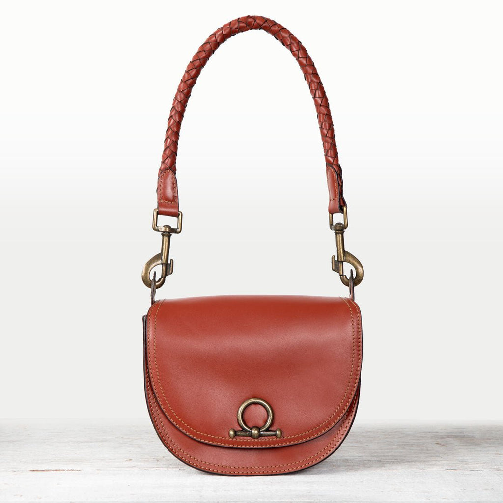 Coronado- Horse Bit Lock Luxury Leather Crossbody Handbag in Cognac
