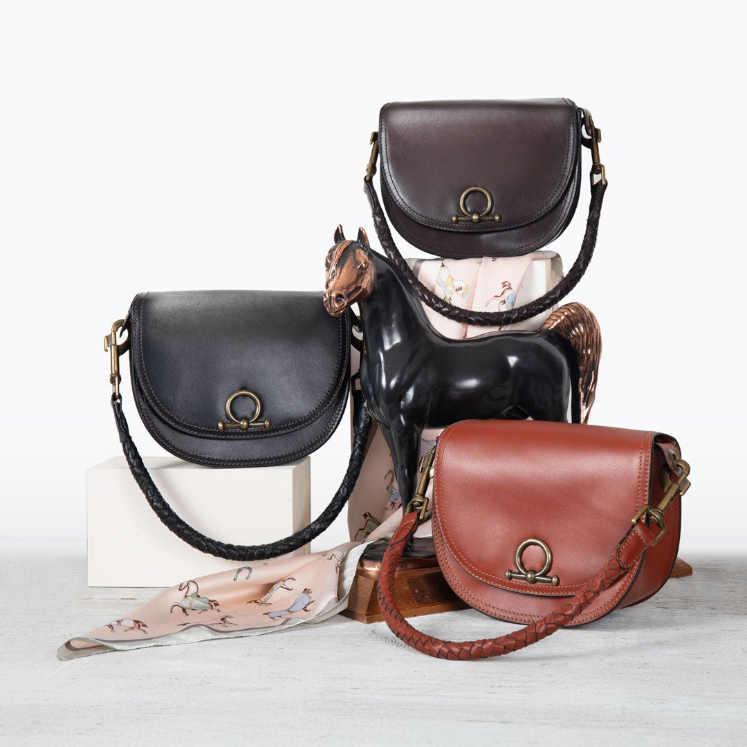 Coronado- Horse Bit Lock Luxury Leather Crossbody Handbag in Cognac