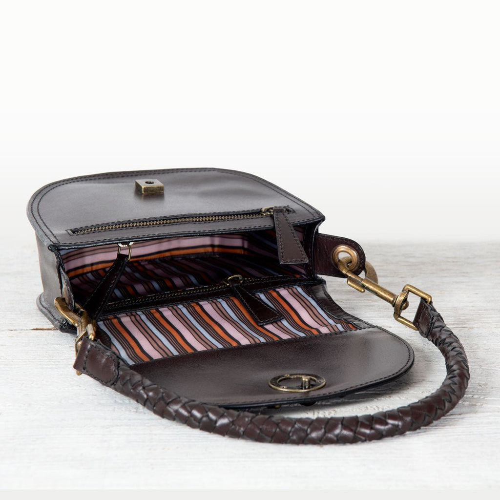 Coronado- Horse Bit Lock Luxury Leather Crossbody Handbag in Deep Brown