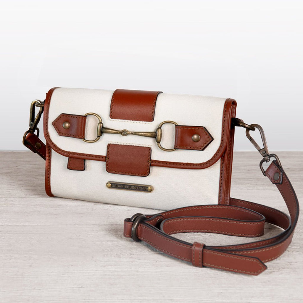Dalton - Horse Bit Crossbody Luxury Leather Handbag in Cognac on Ivory