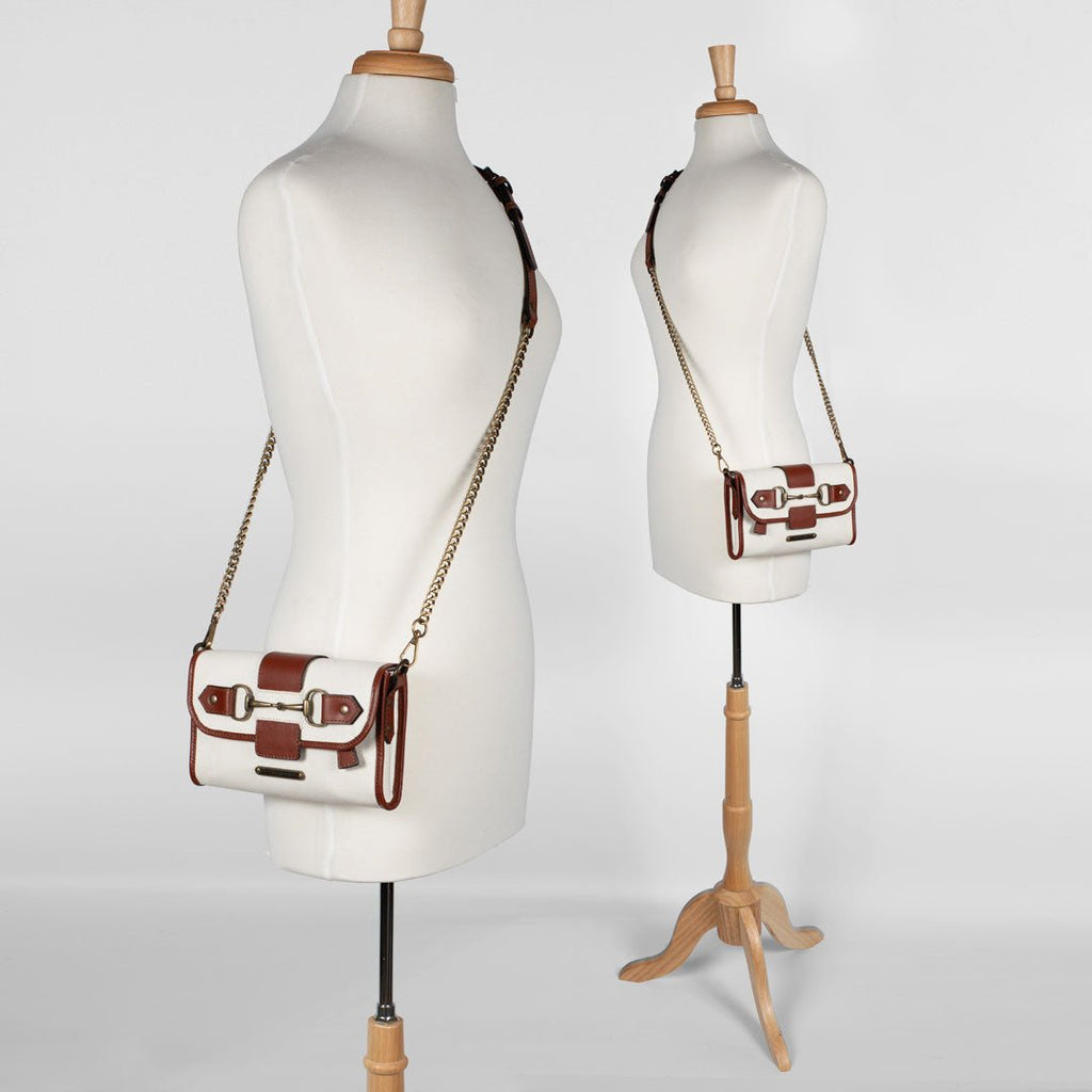 Dalton - Horse Bit Crossbody Luxury Leather Handbag in Cognac on Ivory