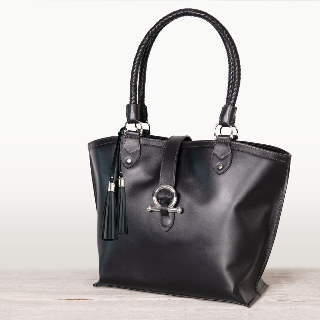 Del Rey -Horse Bit Tote Luxury Leather Handbag in Black