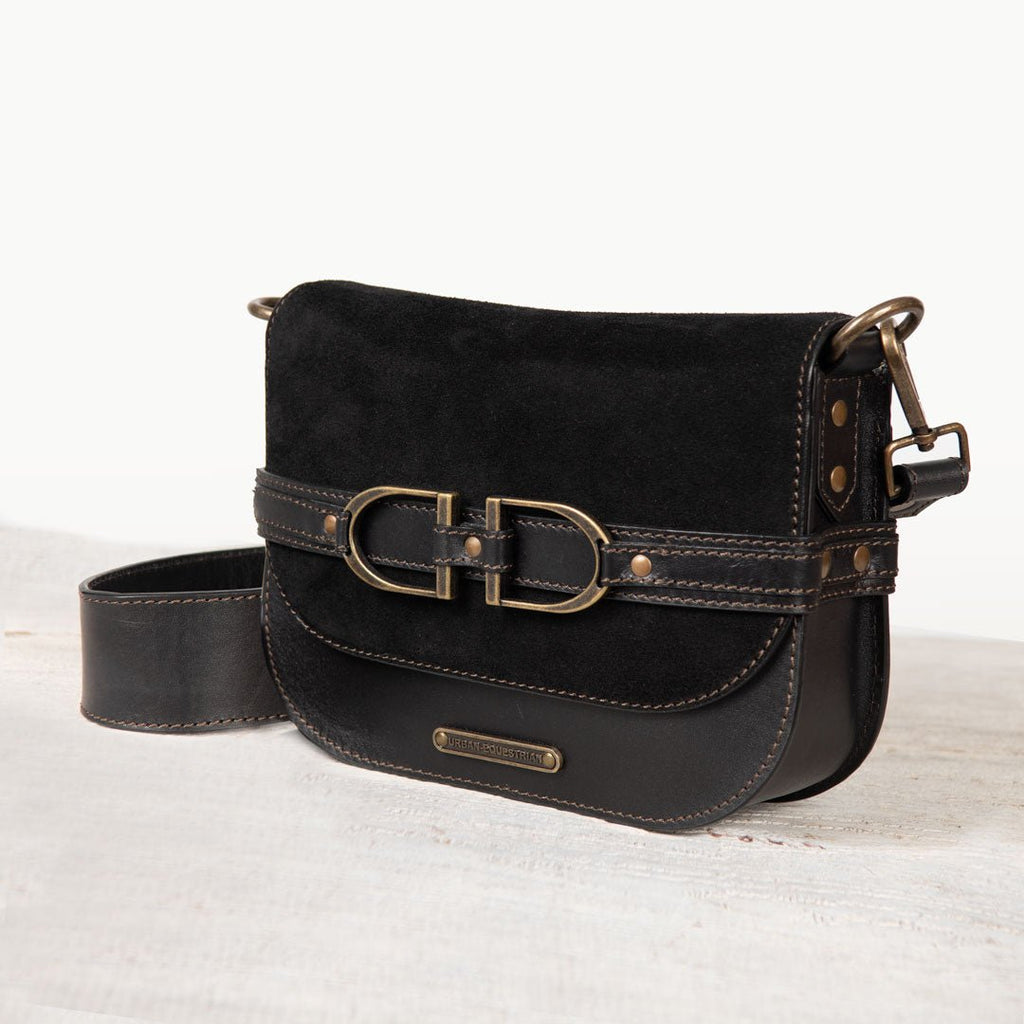 Delaney - Equestrian Stirrup Crossbody Luxury Leather Handbag in Black on Black