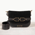 Delaney - Equestrian Stirrup Crossbody Luxury Leather Handbag in Black on Black