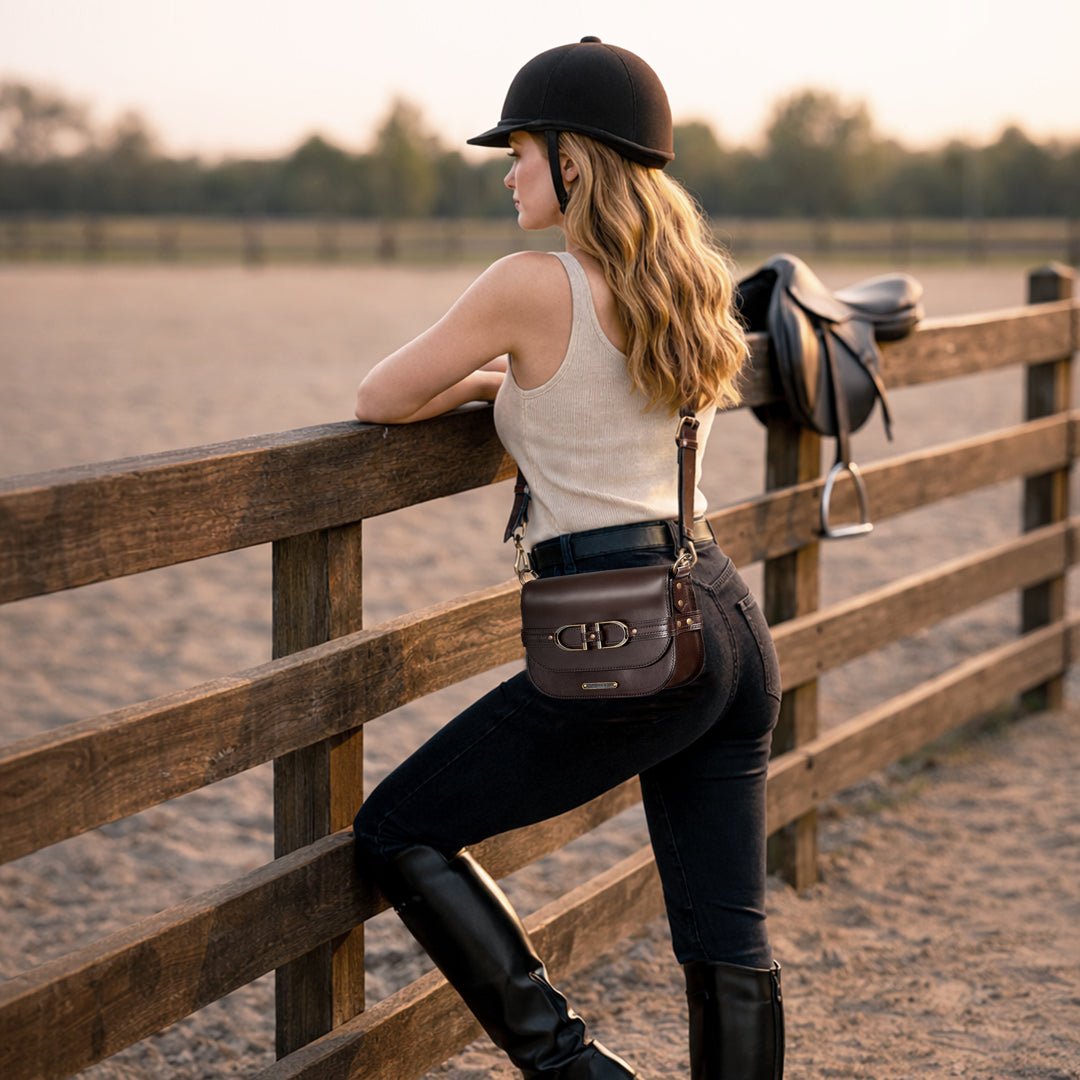 Delaney - Equestrian Stirrup Crossbody Luxury Leather Handbag in Deep Brown