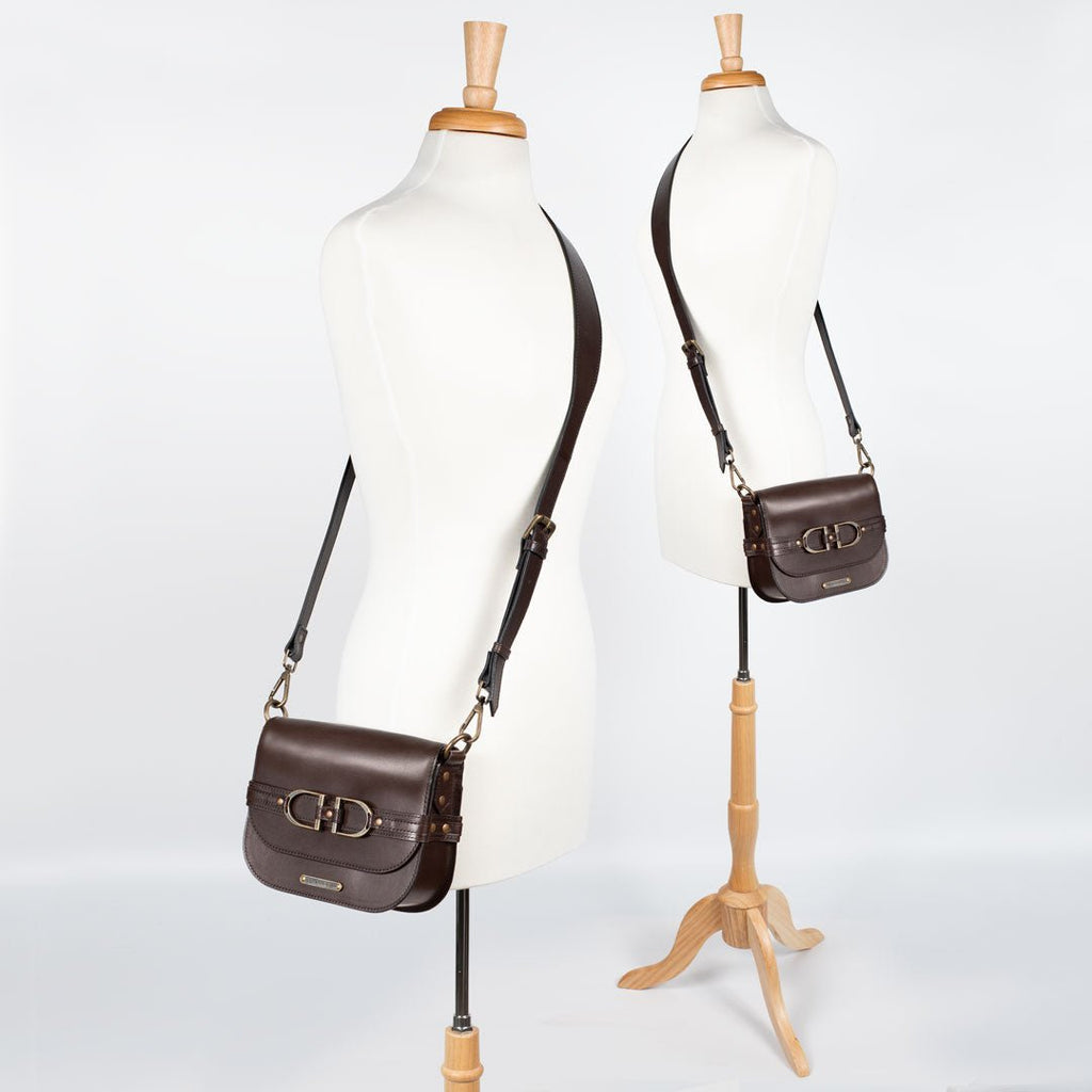 Delaney - Equestrian Stirrup Crossbody Luxury Leather Handbag in Deep Brown