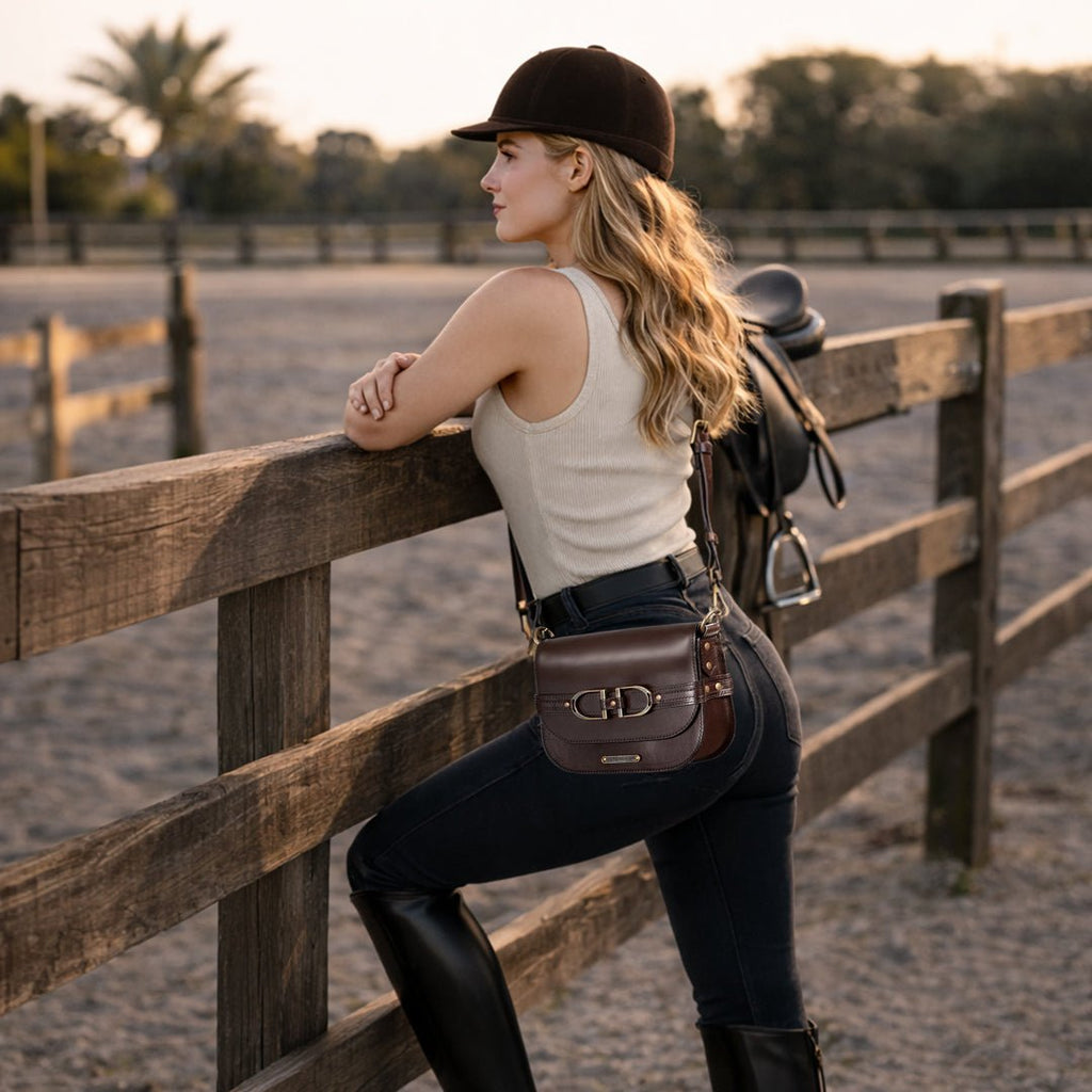 Delaney - Equestrian Stirrup Crossbody Luxury Leather Handbag in Deep Brown