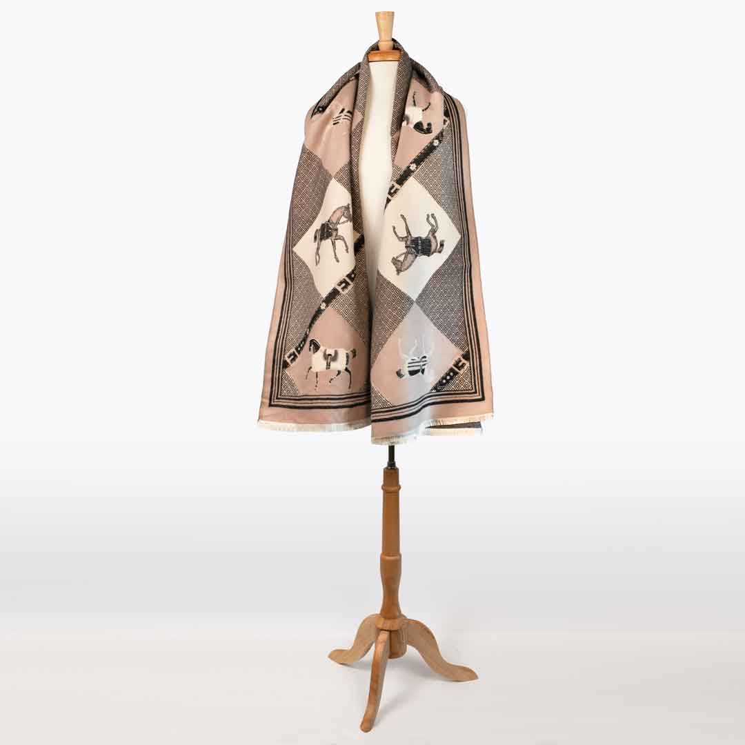 Della -  Taupe Equestrian Motif Luxe Shawl