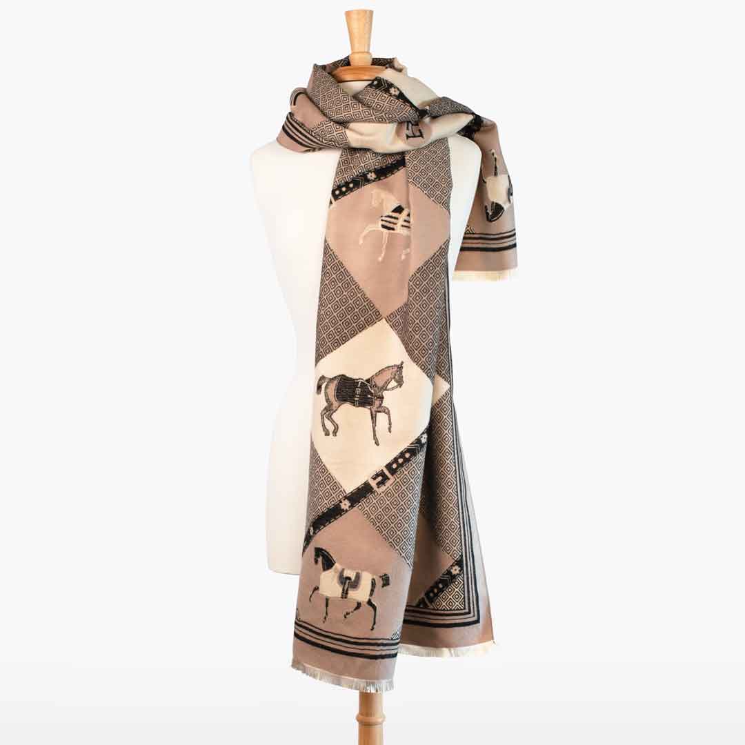 Della -  Taupe Equestrian Motif Luxe Shawl