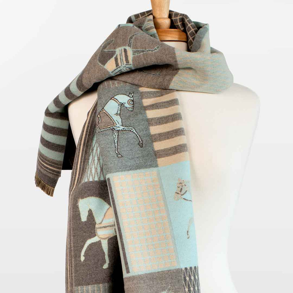 Devon -  Aqua Equestrian Motif Luxe Shawl