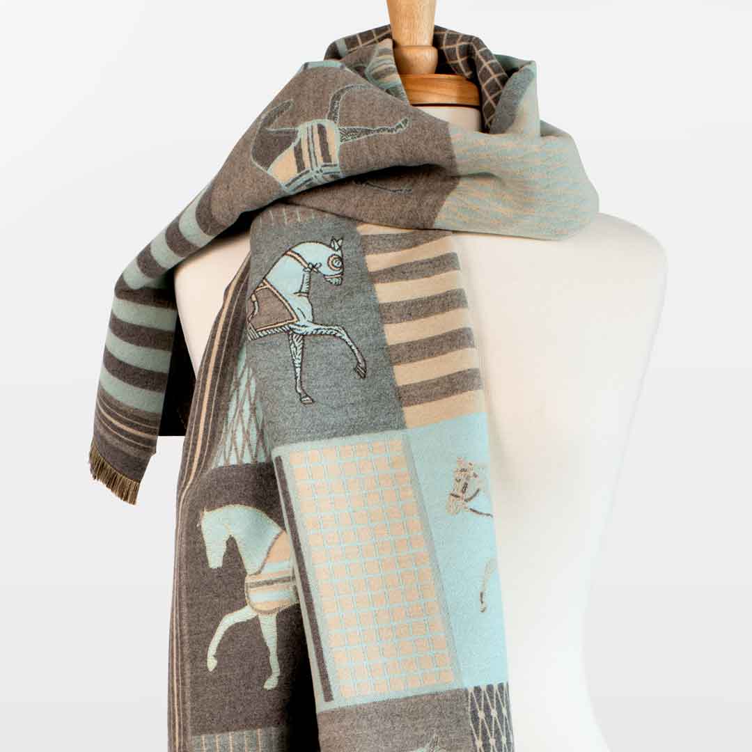 Devon -  Aqua Equestrian Motif Luxe Shawl