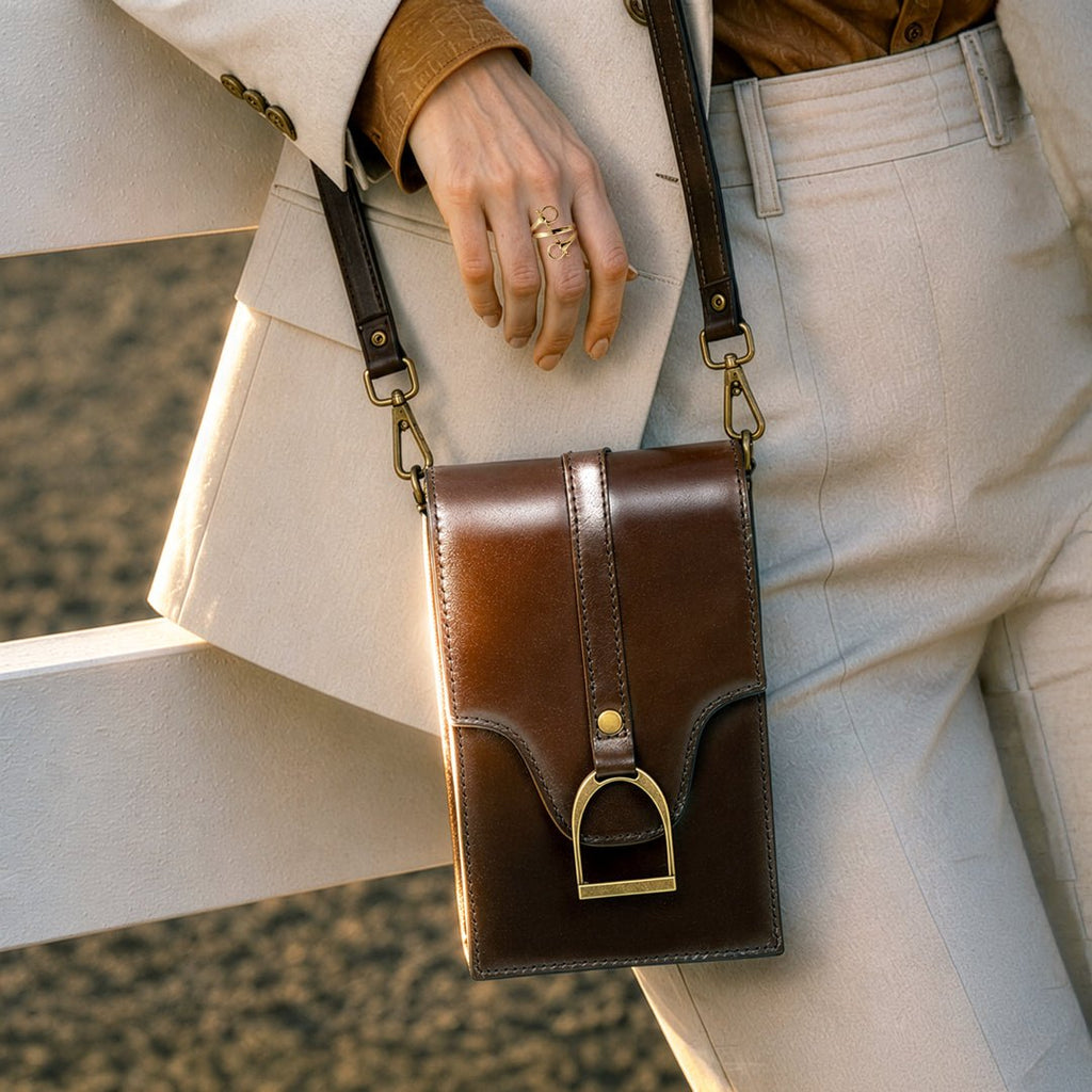 Devon Deluxe Phone Bag - Luxury Leather Handbag in Deep Brown