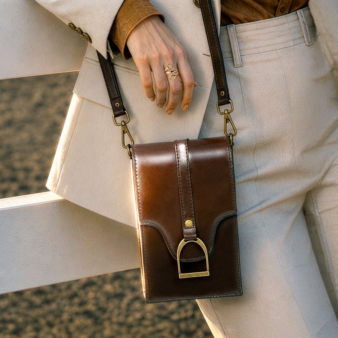 Devon Deluxe Phone Bag - Luxury Leather Handbag in Deep Brown