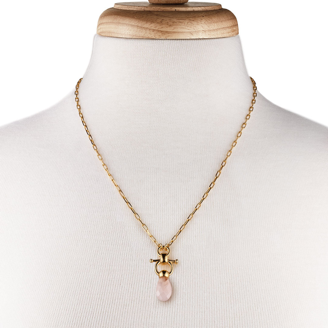 Droplette - Rose Quartz Equestrian Horse Bit Necklace in Gold