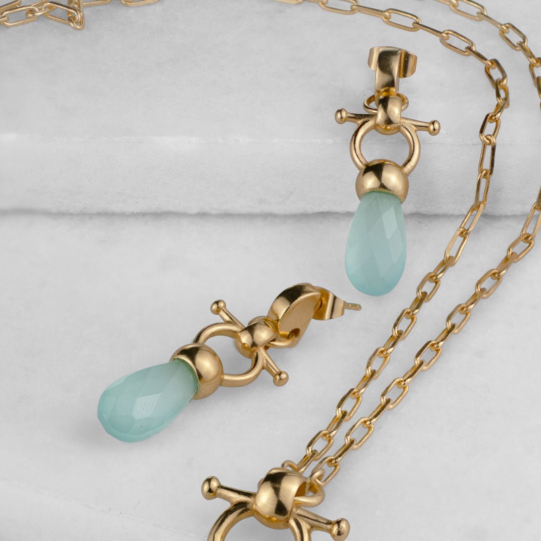 Droplette - Aqua Chalcedony Horse Bit Equestrian Earring in Gold