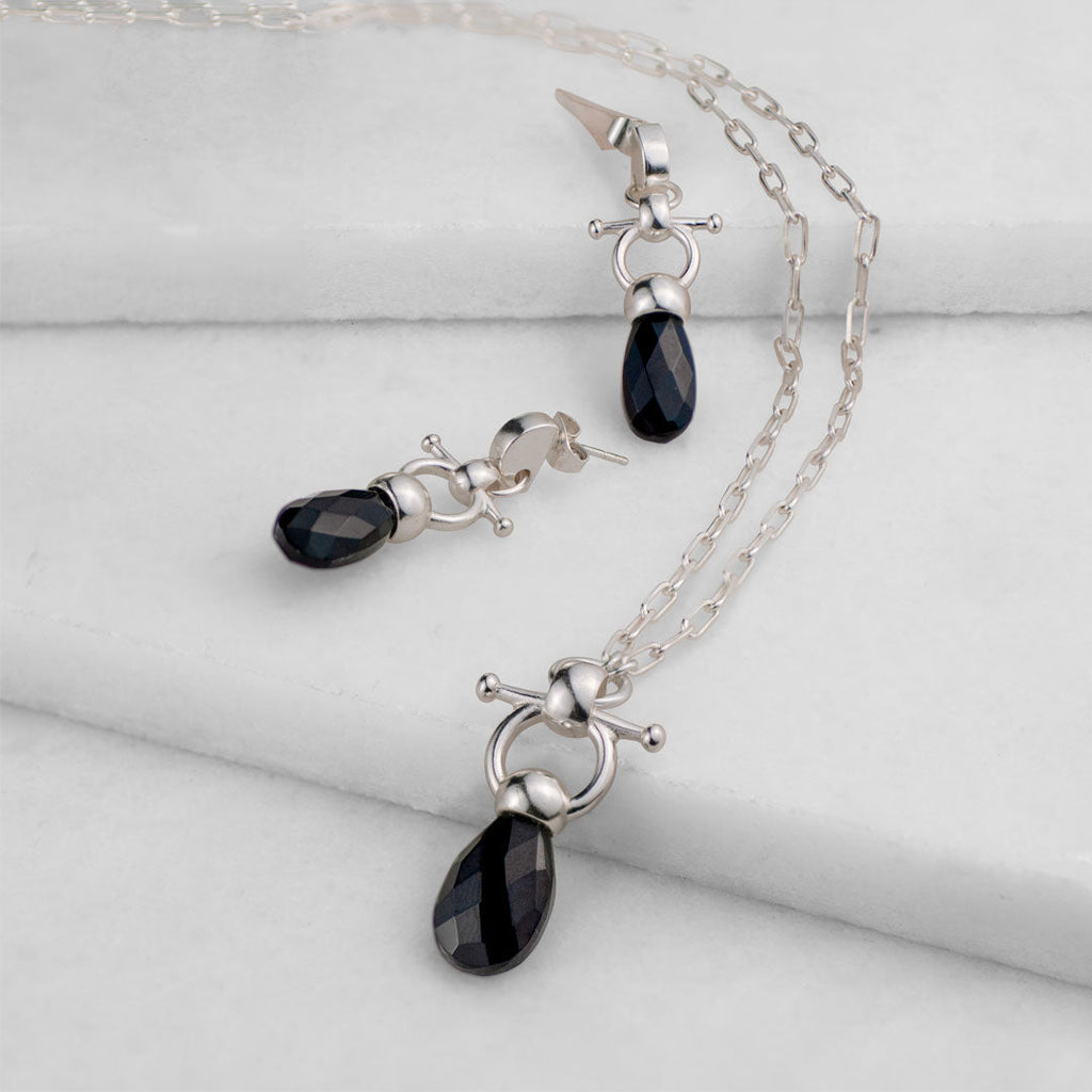 Droplette - Black Onyx Horse Bit Equestrian Earring in Silver