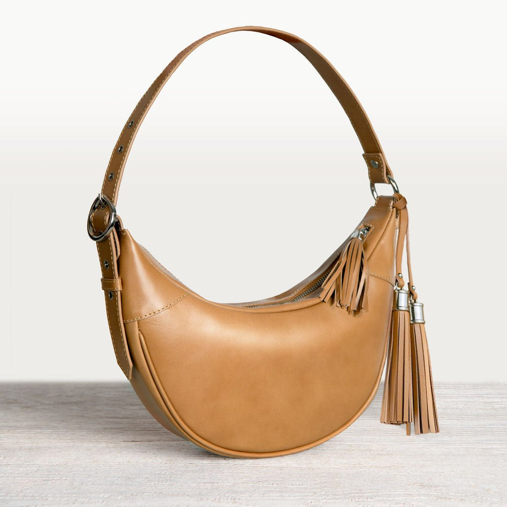 Elle -Half-Moon Vanity Luxury Leather Handbag in Caramel